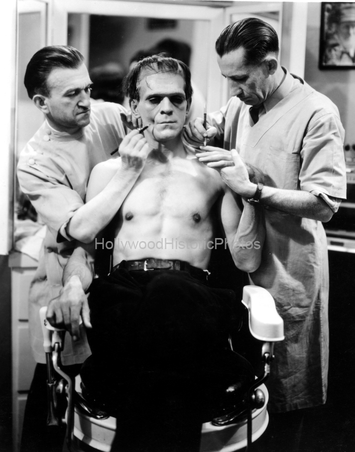 Boris Karloff 1931 1 Frankenstein with make up creator Jack Pierce wm.jpg